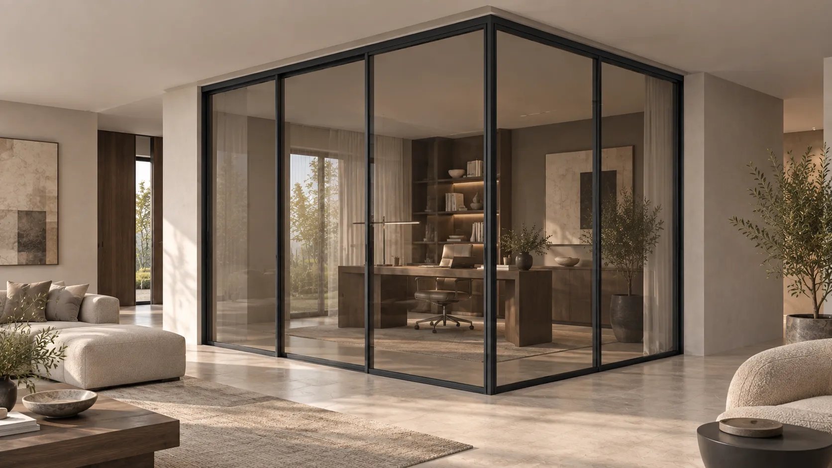 Визуализация угловой стеклянной перегородки Frame Design в интерьере
